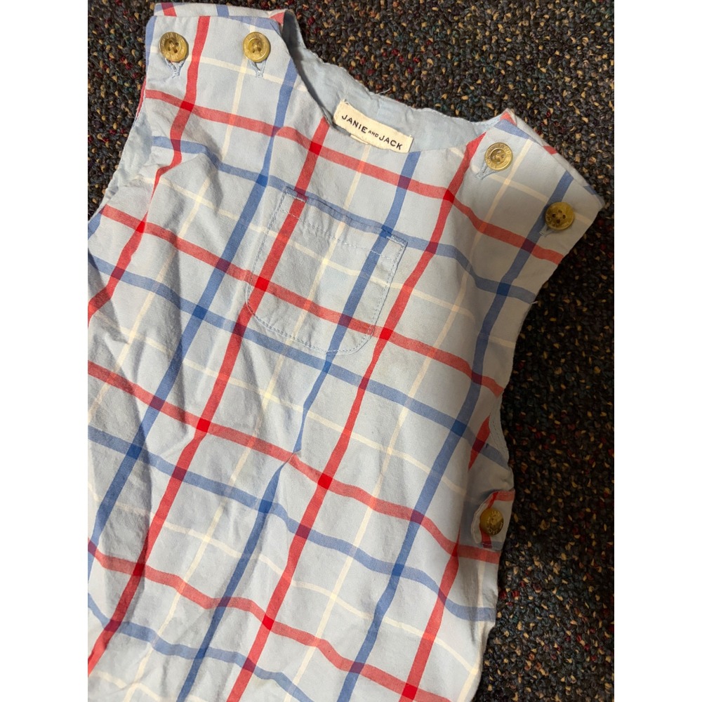 Janie and Jack Boys Blue Red Plaid Shortall Romper Gold Buttons 18-24 Months